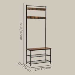 Ochama Coat Rack, Hall Tree with Shoe Storage Bench, 32 x 70 x 177 cm, Industrial, Rustic Brown and Black - thumbnail 6