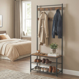 Ochama Coat Rack, Hall Tree with Shoe Storage Bench, 32 x 70 x 177 cm, Industrial, Rustic Brown and Black - thumbnail 4