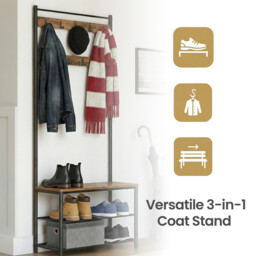 Ochama Coat Rack, Hall Tree with Shoe Storage Bench, 32 x 70 x 177 cm, Industrial, Rustic Brown and Black - thumbnail 3