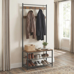 Ochama Coat Rack, Hall Tree with Shoe Storage Bench, 32 x 70 x 177 cm, Industrial, Rustic Brown and Black - thumbnail 2