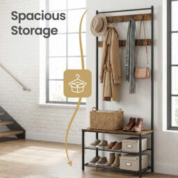 Ochama Coat Rack, Hall Tree with Shoe Storage Bench, 32 x 70 x 177 cm, Industrial, Rustic Brown and Black - thumbnail 5