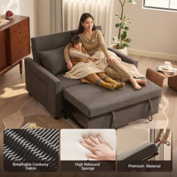 2 Seater Sofa Bed, 3-in-1 Convertible Pull Out Sleeper Sofa,Set of Corduroy Fabric Loveseat with Adjustable Backrest & Side Pockets for Living Room, Guest Room, Apartment,Grey - thumbnail 6