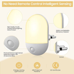 Sensor night light warm white 2800-3200K, SMD LED 0.5W 110-220V ABS+Metal, 20LM for bedroom, nursery, hallway - thumbnail 2