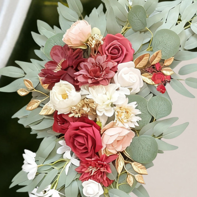 Wei's Moment Wedding Arch Flowers (Pack of 1), Artificial Burgundy Wedding Flowers for Wedding Welcome Signs Decorations and Arch Flower for Wedding Ceremony Reception (Burgundy & Blush) - image 1