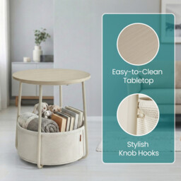 Ochama Side Table, Round End Table with Fabric Basket, for Living Room Bedroom, Bedside Table, Modern Style, Natural Beige - thumbnail 3