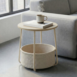 Ochama Side Table, Round End Table with Fabric Basket, for Living Room Bedroom, Bedside Table, Modern Style, Natural Beige - thumbnail 2