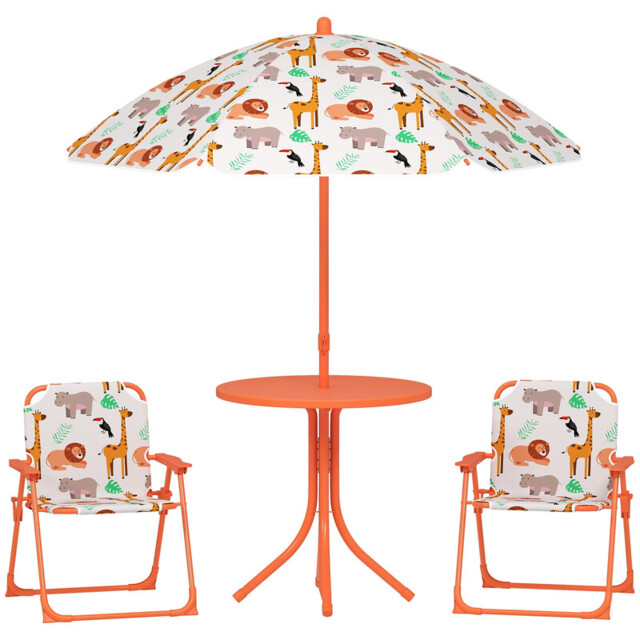 AIYAPLAY Kids Patio Set, Children Table and Chair Set, Outdoor Picnic Table with 2 Folding Chairs and Umbrella for 2-5 Years Boys Girls, Orange - image 1