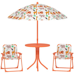 AIYAPLAY Kids Patio Set, Children Table and Chair Set, Outdoor Picnic Table with 2 Folding Chairs and Umbrella for 2-5 Years Boys Girls, Orange - thumbnail 1