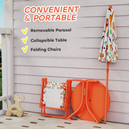 AIYAPLAY Kids Patio Set, Children Table and Chair Set, Outdoor Picnic Table with 2 Folding Chairs and Umbrella for 2-5 Years Boys Girls, Orange - thumbnail 3