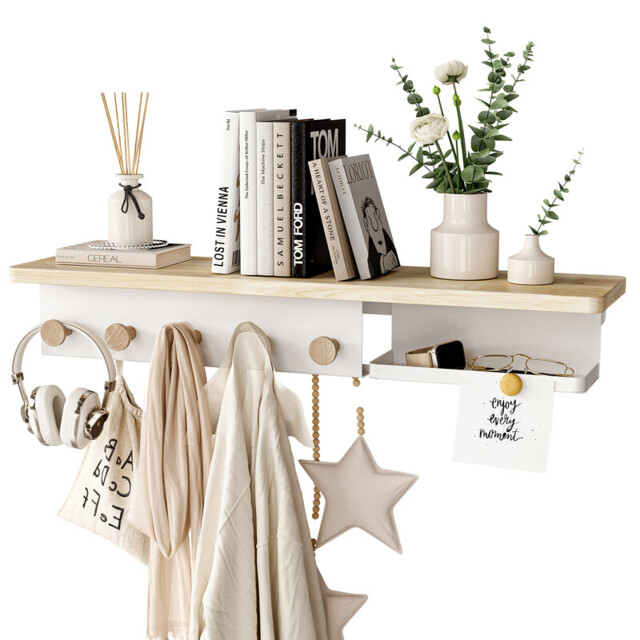 KAPANOU Floating Shelves for Wall, Natural Wood grain Shelf with Front and Back Coat Hooks and Extra Storage Compartments (White), New Year Sale , Top gift picks - image 1