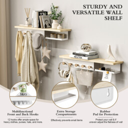 KAPANOU Floating Shelves for Wall， Natural Wood grain Shelf with Front and Back Coat Hooks and Extra Storage Compartments (White), New Year Sale , Top gift picks - thumbnail 7