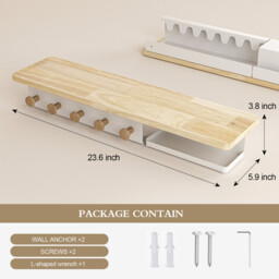 KAPANOU Floating Shelves for Wall， Natural Wood grain Shelf with Front and Back Coat Hooks and Extra Storage Compartments (White), New Year Sale , Top gift picks - thumbnail 3