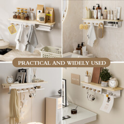 KAPANOU Floating Shelves for Wall， Natural Wood grain Shelf with Front and Back Coat Hooks and Extra Storage Compartments (White), New Year Sale , Top gift picks - thumbnail 4