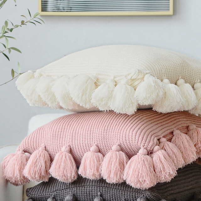 MEROPE, Acrylic Knit/Fringed Cushion Cover, 50x50cm, pink, 1pack - image 1