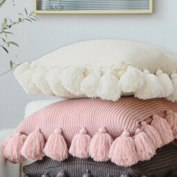 MEROPE, Acrylic Knit/Fringed Cushion Cover, 50x50cm, pink, 1pack - thumbnail 1