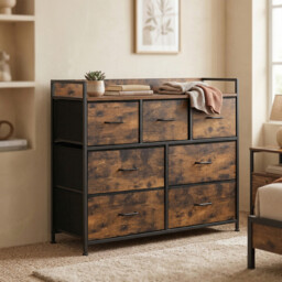 JOYFURNOS 7-Drawer Fabric Dresser with Handles –98x28.5x85cm Rustic Brown & Ink Black, Metal Frame – Spacious Bedroom Storage Cabinet for Clothes & Linens - thumbnail 3