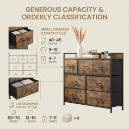 JOYFURNOS 7-Drawer Fabric Dresser with Handles –98x28.5x85cm Rustic Brown & Ink Black, Metal Frame – Spacious Bedroom Storage Cabinet for Clothes & Linens - thumbnail 2