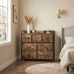 JOYFURNOS 7-Drawer Fabric Dresser with Handles –98x28.5x85cm Rustic Brown & Ink Black, Metal Frame – Spacious Bedroom Storage Cabinet for Clothes & Linens - thumbnail 5