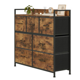 JOYFURNOS 7-Drawer Fabric Dresser with Handles –98x28.5x85cm Rustic Brown & Ink Black, Metal Frame – Spacious Bedroom Storage Cabinet for Clothes & Linens