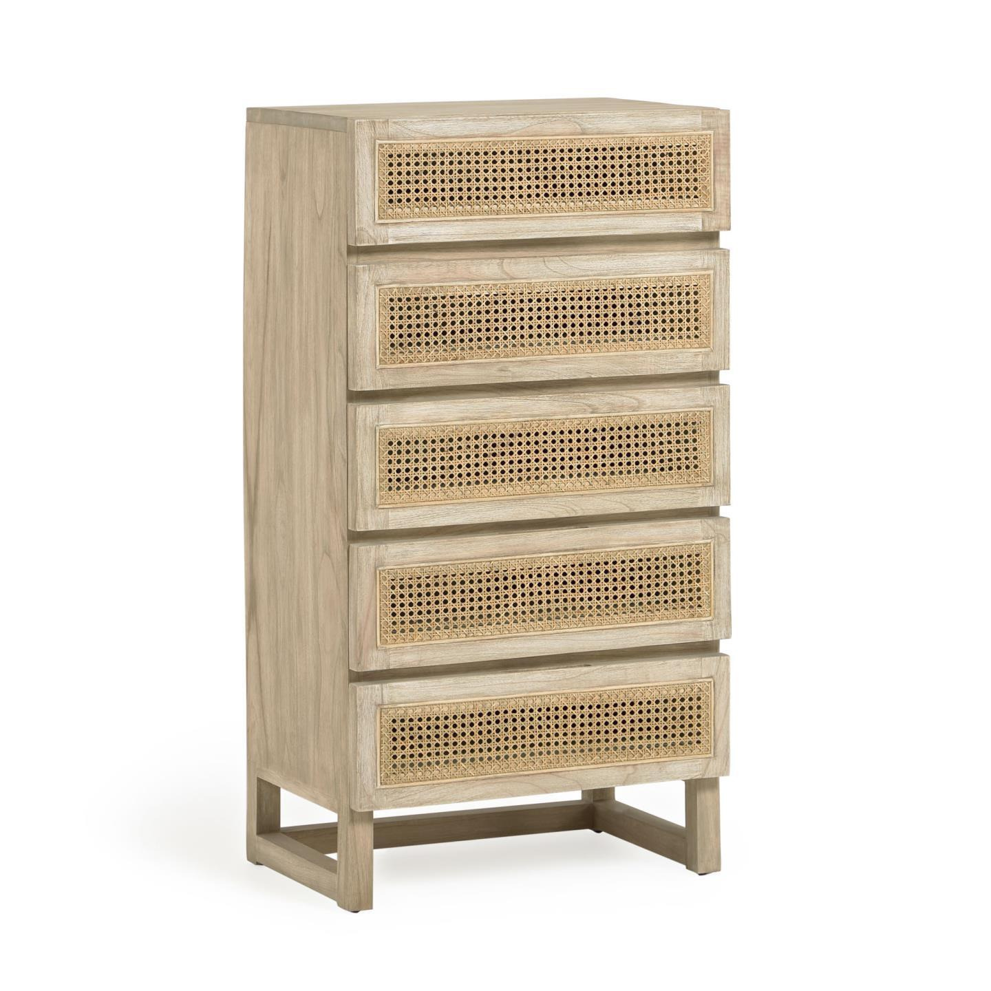 Rexit solid mindi wood and veneer chest of 5 drawers with rattan 60 x 113 cm