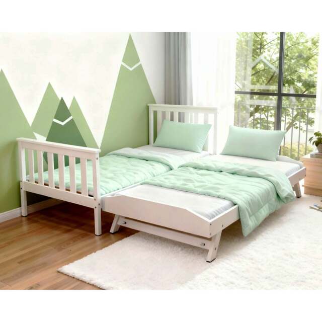 Jinsen Single Bed Frame with Trundle / Guest Bed, White - image 1