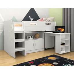 Single Mid Sleeper with Desk & Cupboard, White - Single / White