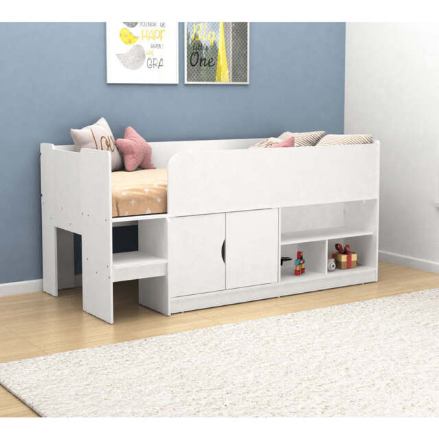 Single Storage Mid Sleeper with Cupboard & Shelves - Single / White