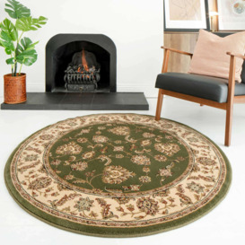 Traditional Green Motif Bordered Round Rug - Jasmine - 133cm x 133cm Circle