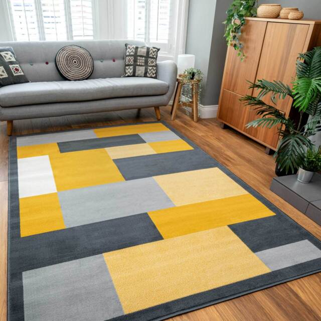 Yellow Grey Modern Geometric Bedroom Rugs - Milan - 80cm x 150cm