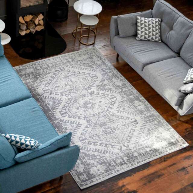 Grey Distressed Vintage Large Living Room Rugs - Oscar - 60cm x 110cm
