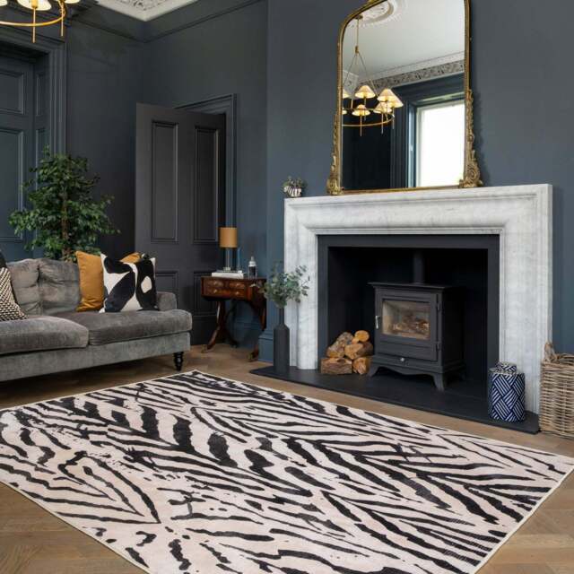 Soft Washable Black Zebra Print Rug - Ida - Soft Washable - 80cm x 150cm