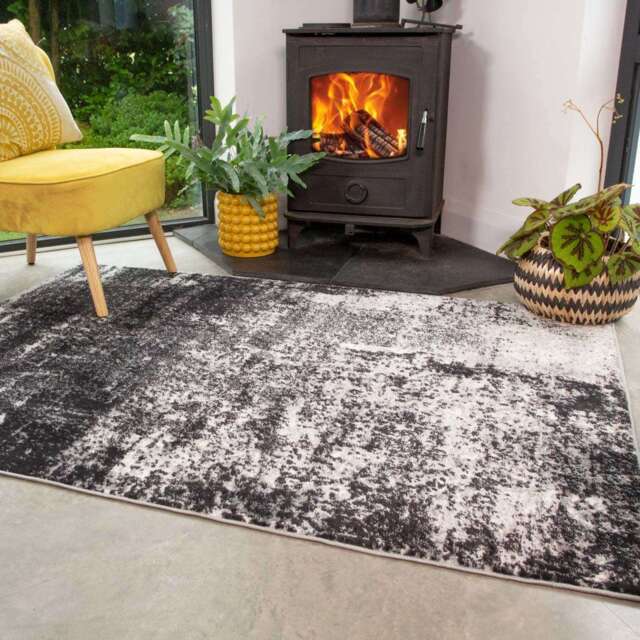 Modern Black Abstract Distressed Living Room Rug - Arris - Enzo - 80cm x 150cm