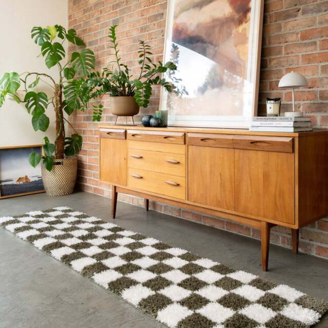 Soft Green Checkerboard Shaggy Runner - Josie - Shaggy Checkers - 60cm x 240cm Runner