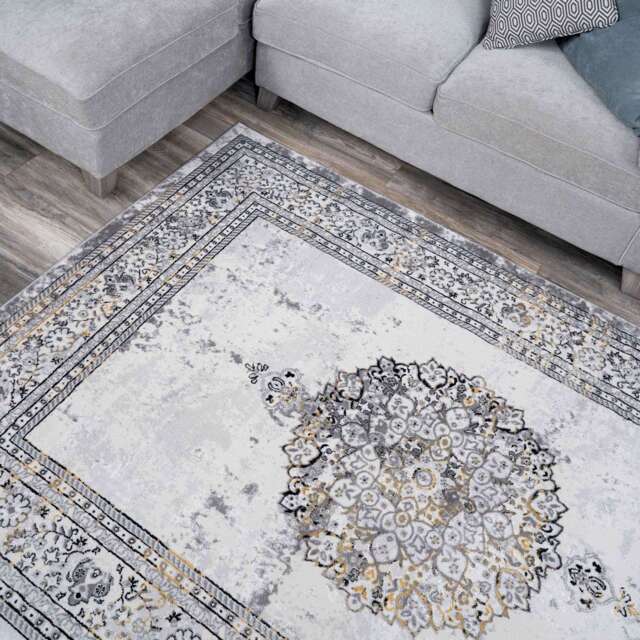 Gold Traditional Distressed Living Room Rug - Victoria - Hatton - 60cm x 110cm