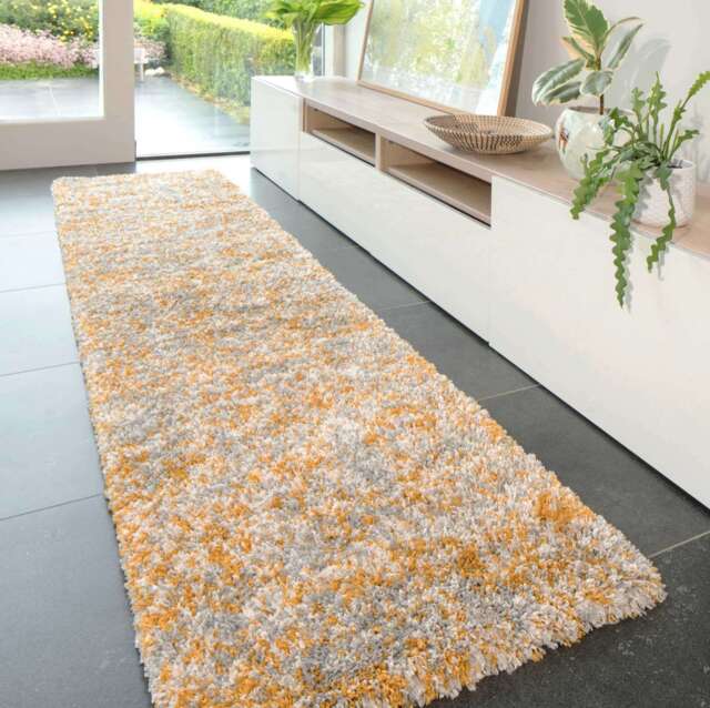 Soft Mottled Gold Grey Shaggy Runner Rug - Kinsale - 60cm x 240cm Runner
