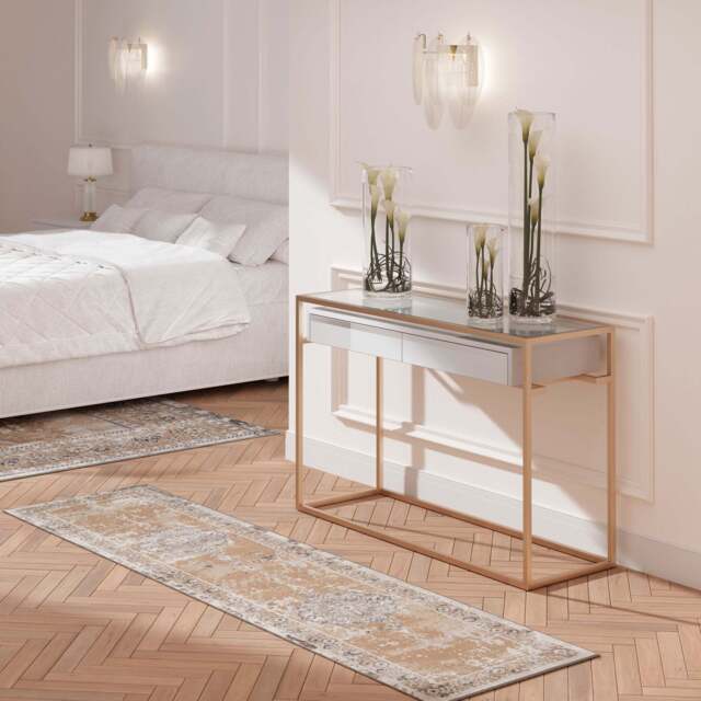 Traditional Distressed Beige Runner Rug - Hatton - 60cm x 240cm Runner