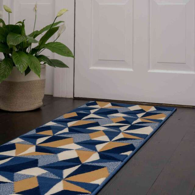 Blue Grey Modern Geometric Hall Runner Rugs - Milan - 60cm x 240cm Runner