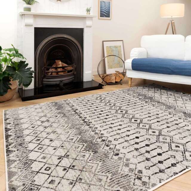 Grey Moroccan Tile Living Room Rug - Amora - Moda - 120cm x 170cm