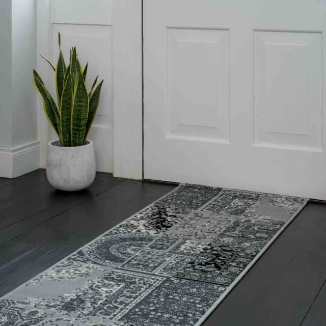 Black Grey Traditional Patchwork Runner Rug - Milan - 60cm x 240cm Runner