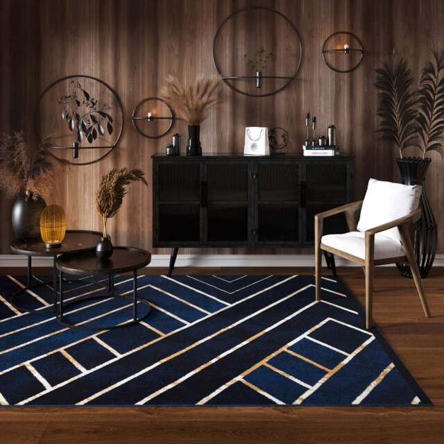 Navy Gold Art Deco Contempary Area Rug - Milan - 120cm x 170cm