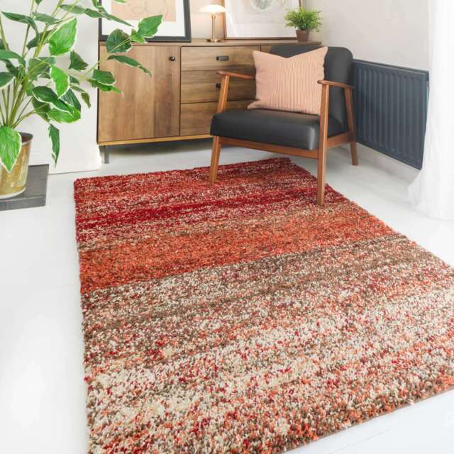 Burnt Orange Mottled Striped Shaggy Living Room Rug - Murano - 60cm x 110cm