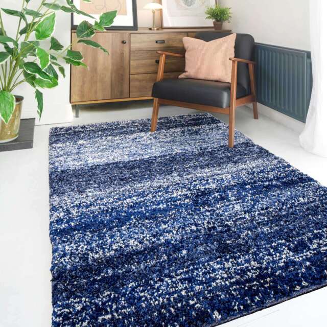 Navy Mottled Striped Shaggy Living Room Rug - Alder - 60cm x 110cm