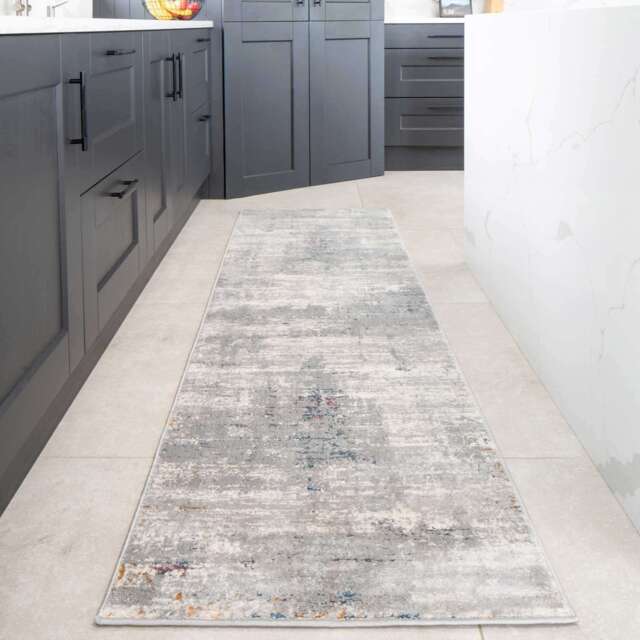 Grey Distressed Multicoloured Abstract Kitchen Runner Rug - Ludlow - 70cm x 240cm Runner