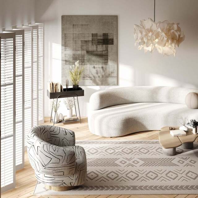 Cream Beige Motif Rug - Ryne - Milako - 120cm x 170cm