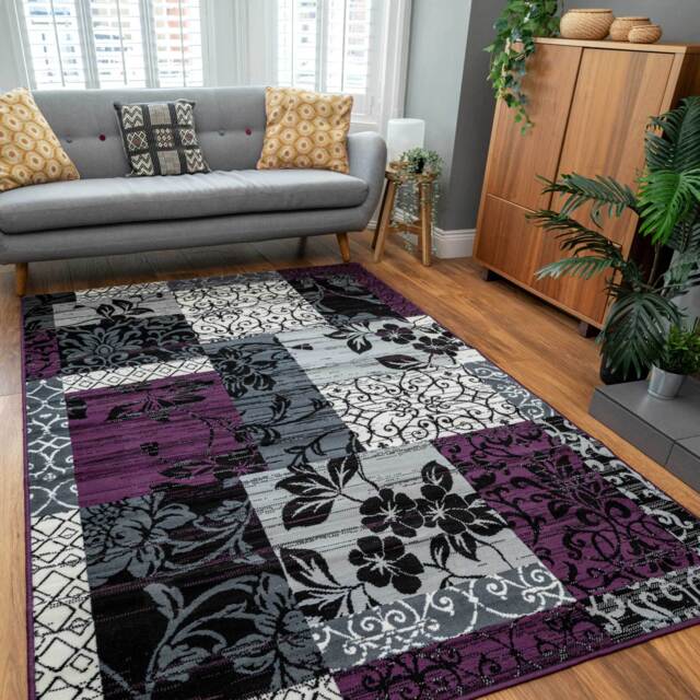 Purple Grey Modern Patchwork Bedroom Rugs - Milan - 80cm x 150cm