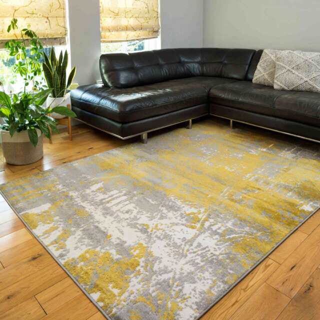 Modern Yellow Ochre Distressed Large Living Room Rugs - Enzo - 80cm x 150cm