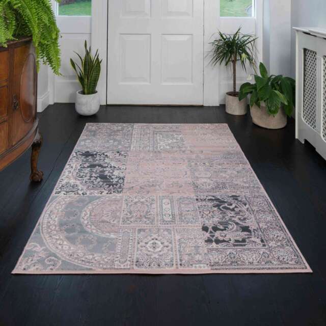 Pink Grey Traditional Patchwork Living Room Rug - Milan - 60cm x 110cm