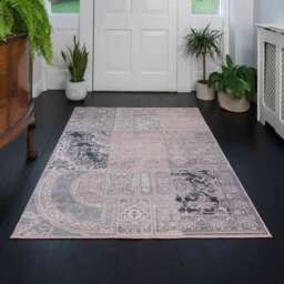 Pink Grey Traditional Patchwork Living Room Rug - Milan - 60cm x 110cm