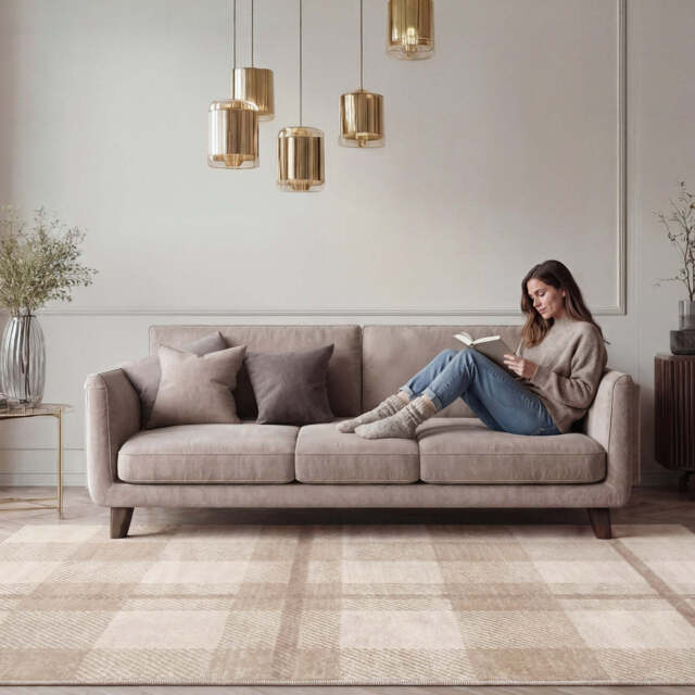 Neutral Cream Beige Tartan Rug - Angus - Oscar - 80cm x 150cm