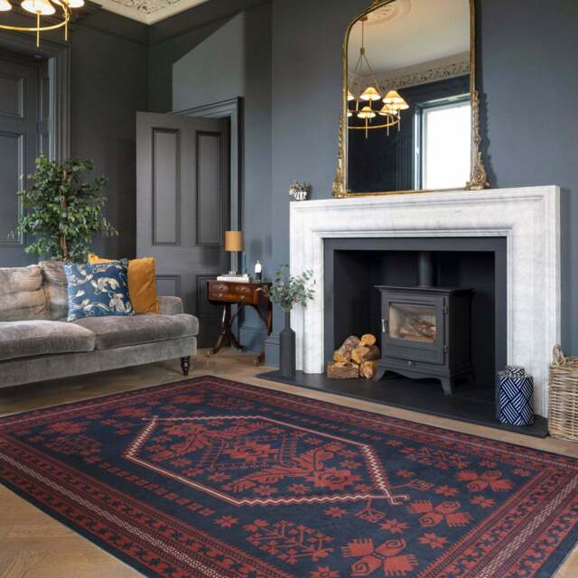 Washable Red Navy Persian Style Rug - Asha - Velvet - 80cm x 150cm